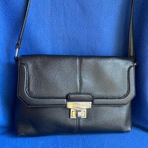 Calvin Klein Black Crossbody Bag. Black Pebble Leather w Silver Tone Howe.